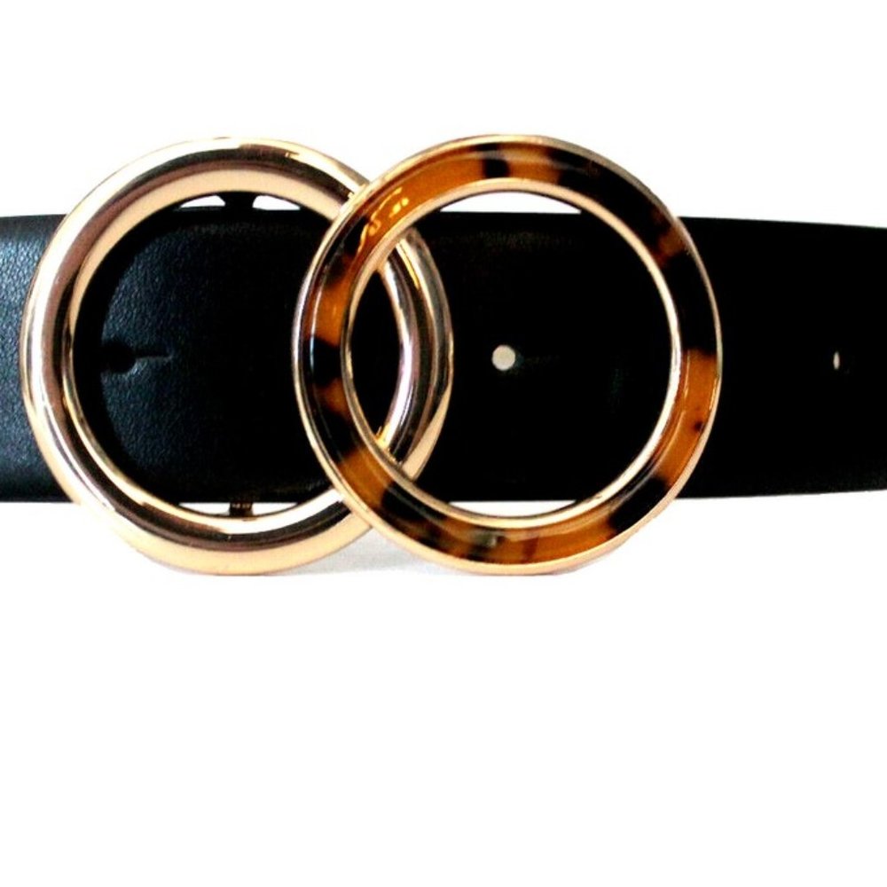 INC Women Belt Tortoiseshell Buckle Black Double Ring Gold Faux Leather S,M,L,XL